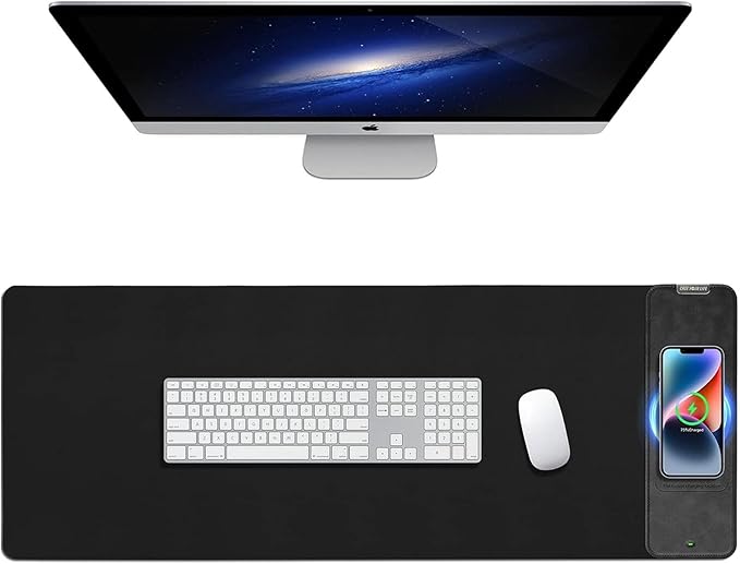 Mouse Pad with Wireless Charging, Black Mousepad Long Desk Mat, Large Gaming Mouse Pad, Soft Mouse Pad Gaming Desk Pad with Non-Slip Rubber Base, Extended Computer Keyboard Mat Office Mice Pad