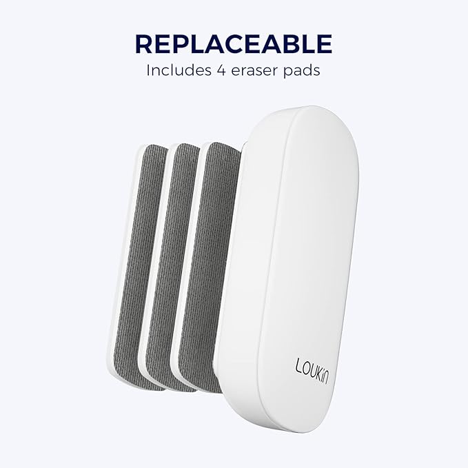 loukin Replaceable Dry Erase Eraser, Magnetic Whiteboard Eraser with 3 Replaceable Felt Pads, 4-in-1 Glass Whiteboard Erasers, 3.4 fl oz Cleaner Included (White)
