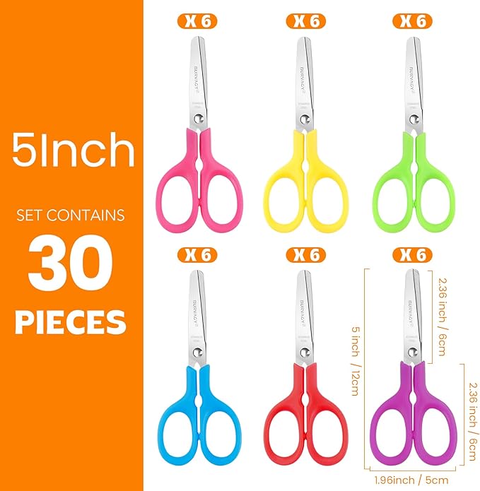 30Pack 5" Small School Student Blunt Kids Craft Scissors, Sharp Stainless Steel Blades Safety Toddler Kid Child Comfort Grip Scissors Bulk for Children Cutting Paper