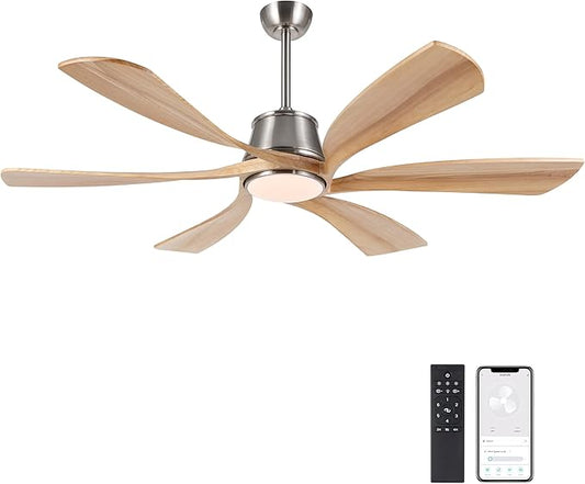 WINGBO 60" Smart Ceiling Fan with Light, Dimmable LED Light, 6-Speed Remote/APP/Voice Control, Solid Wood Blades Fan for Bedroom/Living Room/Shop Works with Alexa or Google Assistant Light Wood Color