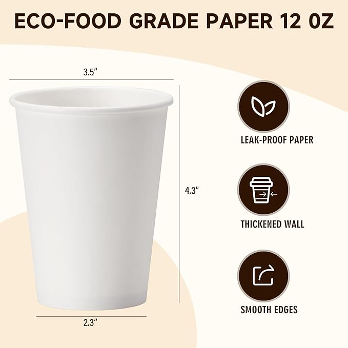 YEEHAW 12 oz 500 Pack Disposable Paper Coffee Cups, Bulk White Hot to Go Cups for Hot Coffee, Hot Liquid, Chocolate, Juice, Hot Beverage Drinkings, Ideal for Cafes, Bistros, Office and Family
