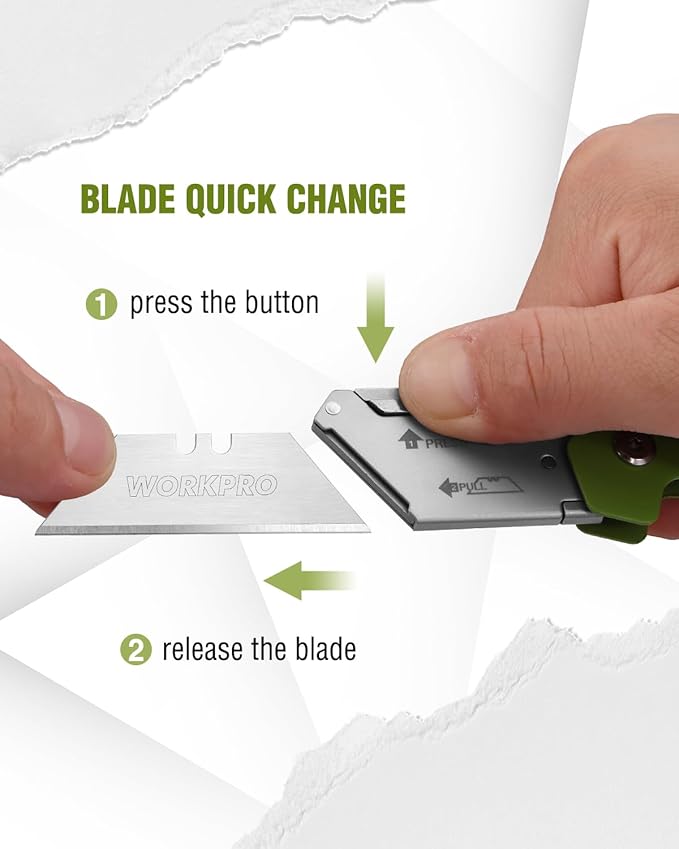 WORKPRO Box Cutter, Utility Knife Quick Change Blade Razor Knife, Folding Pocket Knife with Belt Clip and Axis Lock, 10 Extra Blades Included, Green
