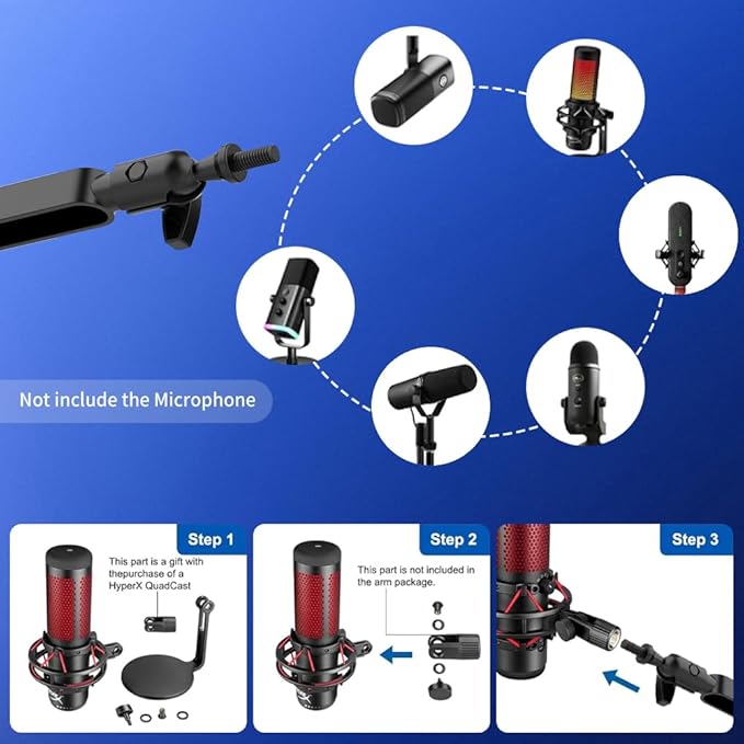 Low Profile Mic Arm 15cm Extra Riser Adjustable Mic Boom Arm Metal Desk Mounted Microphone Stand Cable Management Flexible Microphone Holder for Podcast Streaming Gaming Desktop