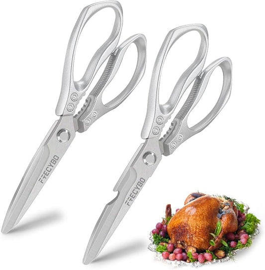 All Purpose Heavy Duty Shears, 2-Pack Kitchen Scissors for Food, Metal Handle Stainless Steel Cooking Scissors for Kitchen, Chicken, Fish, Meat, Poultry, Herbs (Silver)