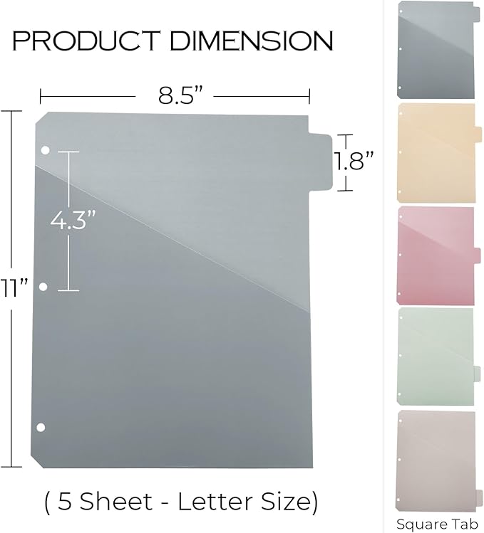 Y YOMA Colored 3 Ring Binder Dividers with Pocket Letter Size Paper Binder Tabs Page Dividers Cute Decorative Binder Index Dividers for Office School Home with 1/5-Cut Tabs, Fashion Color(5 Sheet)