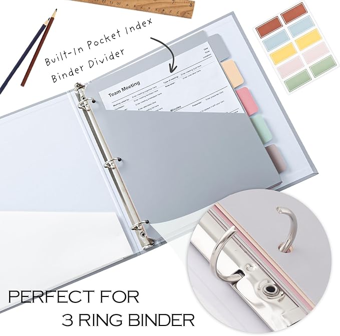 Y YOMA Colored 3 Ring Binder Dividers with Pocket Letter Size Paper Binder Tabs Page Dividers Cute Decorative Binder Index Dividers for Office School Home with 1/5-Cut Tabs, Fashion Color(5 Sheet)