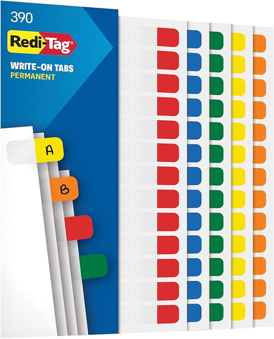 Redi-Tag Write-On Tabs, Permanent Adhesive Index Tabs, Assorted Primary Colors: Yellow, Orange, Red, Blue and Green, 1" x 7/16", 390 Pack (1009303)