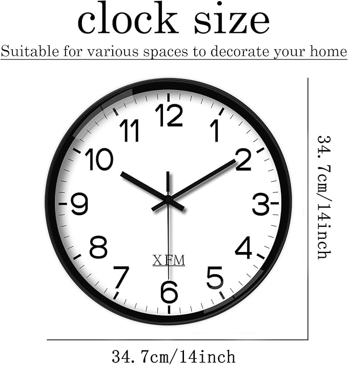 XFM Wall Clock Black Silent Wall Clocks Battery Operated 14 Inch Modern Non Ticking Analog Clock Decorative for Kitchen Office Bathroom Bedroom