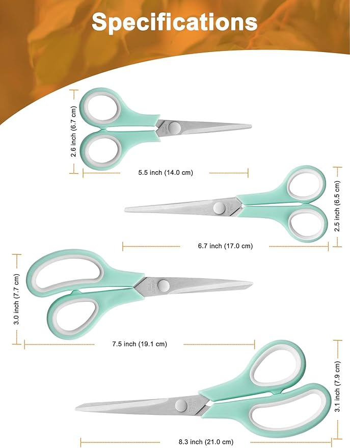 Craft Scissors Set of 4, Stainless Stee Blades, Sharp, Comfort Grip, Scissors All purpose for Office School Home Fabric Sewing DIY Craft Cutting, 8.5''/7.5''/6.7''/5.5'', Green