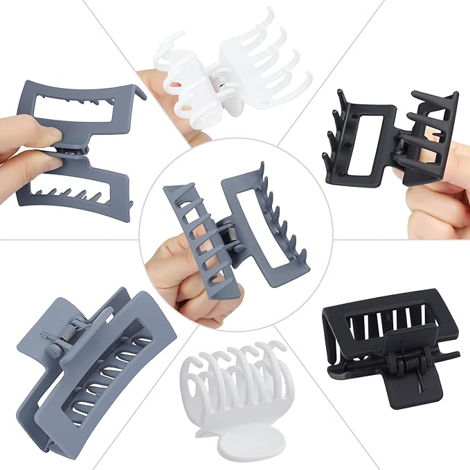 3 Style Claw Hair Clips Set for Women - 9 pcs Medium Rectangle Clips for Thick Hair, Square Clips for Thin Hair - Grey