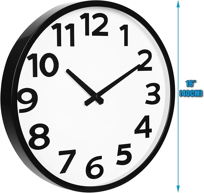 16 Inch Wall Clock Battery Operated Silent with Big Numbers Easy to Read, Analog Quartz Round Modern Large Clocks for Living Room Office Decor