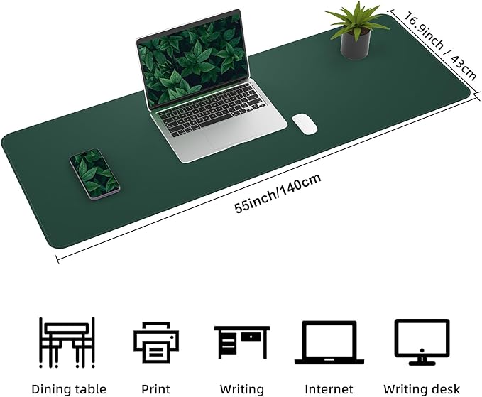 AFIING Leather Desk pad Protector, Large Non-Slip Office Desk Mat with Natural Cork & PU Leather, Waterproof Writing Mouse Pad for Office and Home (55in*17in,Dark Green)