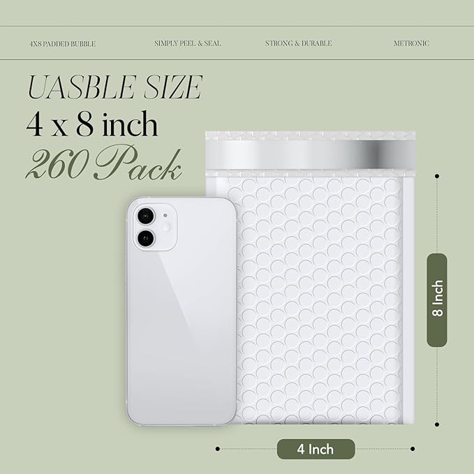 METRONIC 4x8" Bubble Mailer 200 Pack Waterproof White Small Bubble Mailers Usable Size 4x7" Self Seal Mailing Envelopes Bubble Padded for Small Business Mailing Jewelry Makeup Cards Envelope Mailers