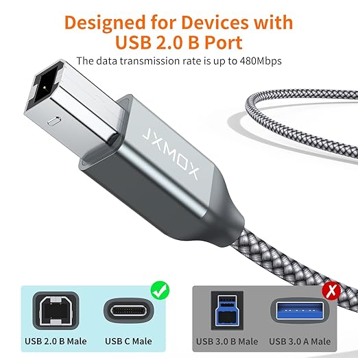 JXMOX USB B to USB C Printer Cable, (6.6ft 2-Pack) Nylon Braided USB B to C Cord, USB C MIDI Cable Compatible with MacBook Pro, HP, Epson, Canon, Brother, Yamaha Piano Keyboard, DAC, DJ Controller