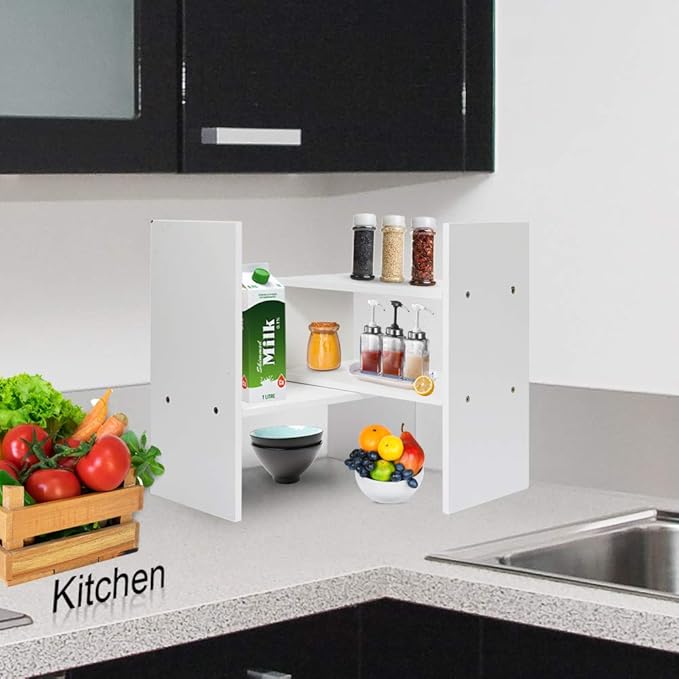 Wood Adjustable Desktop Storage Organizer Display Shelf Rack, Office Supplies Desk Organizer,White