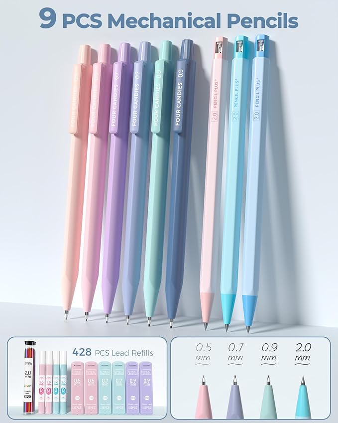 Four Candies 56 PCS Aesthetic School Supplies with Cute Pencil Case, 6 Multicolor Pen, 12 Pastel Highlighters, 5 Gel Pens Black Ink, 9 Mechanical Pencils for Student Stationary Set Preppy Stuff (Blue)