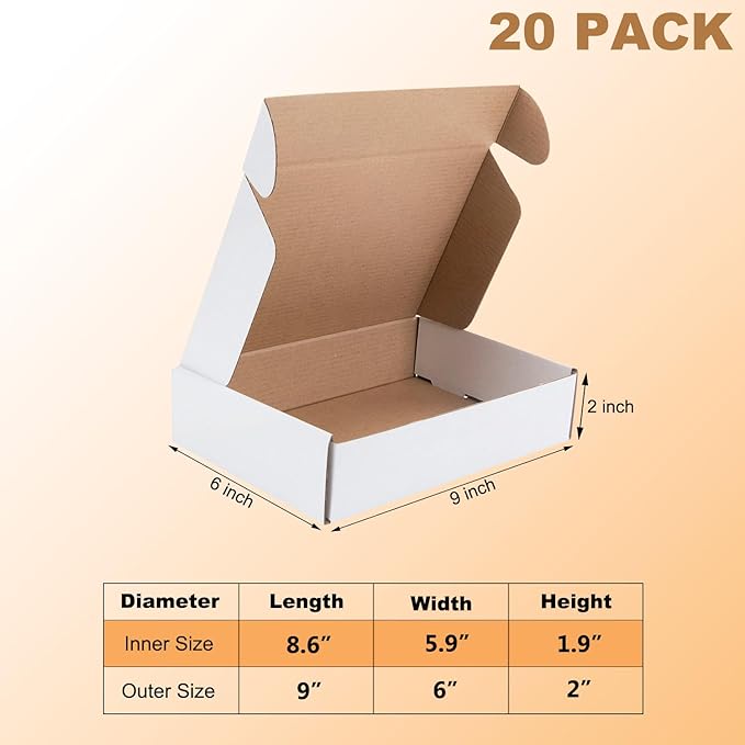 9x6x2 inches Shipping Boxes Set of 20, White Corrugated Cardboard Box,Recyclable Literature Mailer Boxes for Small Business Packaging, Mailing, Shipping