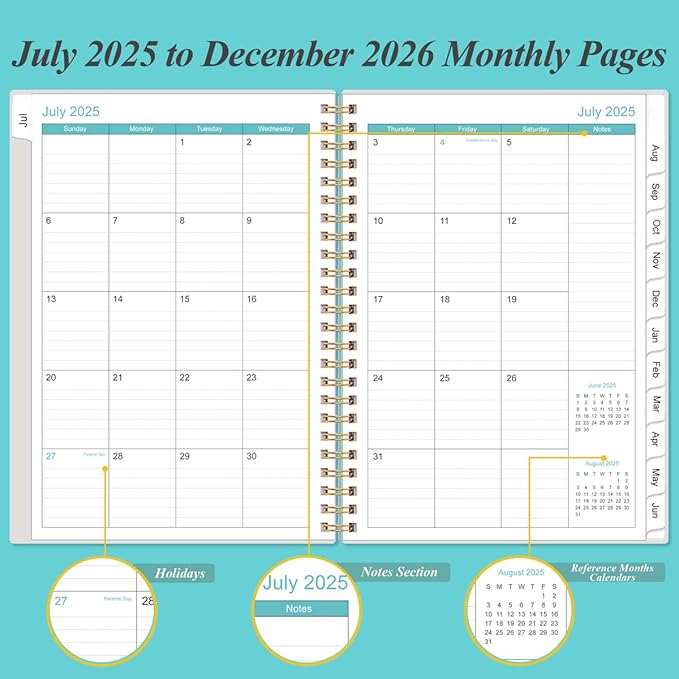 2025-2026 Monthly Planner - October 2025 - December 2026, Two Pages Per Month, 18 Monthly Calendar/Planner with Tabs, Strong Twin-Wire Binding, Inner Pocket, 6.4" x 8.5", Teal Flowers