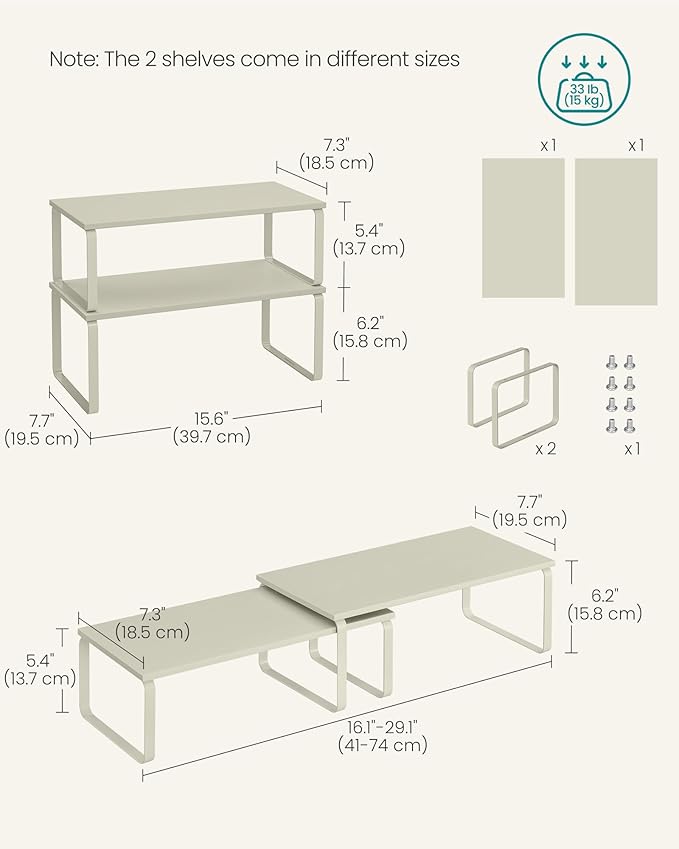 SONGMICS Cabinet Organizer Shelf, Set of 2 Kitchen Counter Shelves, Kitchen Storage, Spice Rack, Stackable, Expandable, Metal and Engineered Wood, Cappuccino Beige UKCS200K01