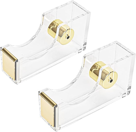 2-Pack Transparent Tape Dispenser, Modern Desktop Acrylic Tape Dispenser Kit, Non-Slip Rubber Holder Buttom, Desktop Adhensive Tape Cutter Holder for Office Desk, Home, School-Gold