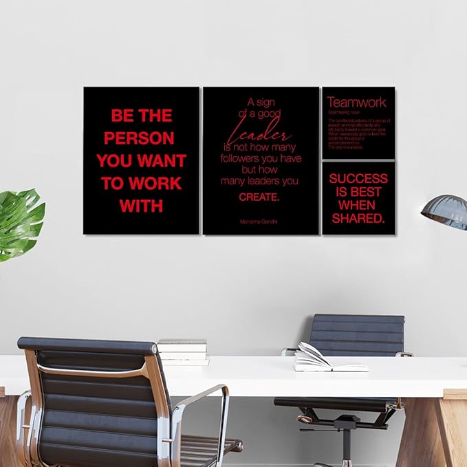 YEOION Inspirational Office Wall Art for Women,Motivational Teamwork Wall Decor for Office,Black and Red Postive Quote Workplace Canvas Wall Art for Set of 6
