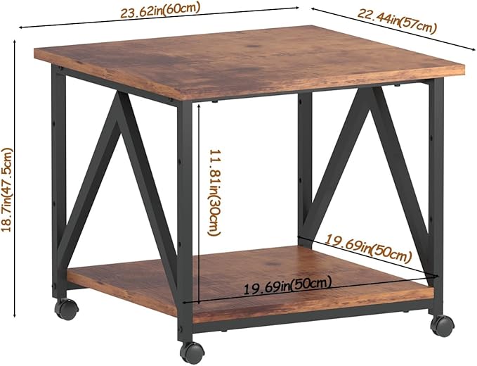 2-Tier Printer Stand, Printer Table with Storage, Industrial Printer Storage Cart with Wheels, Rolling Printer Stand for Heat Press Scanner Fax, Brown