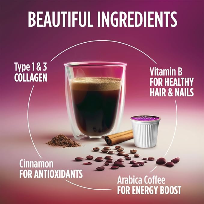 VitaCup Beauty Collagen Coffee Pods for Hair, Skin & Nails, with Biotin & Folate, Medium Dark Roast, Keto Friendly, Recyclable Single Serve Pod Compatible with Keurig K-Cup Brewers,16 Ct