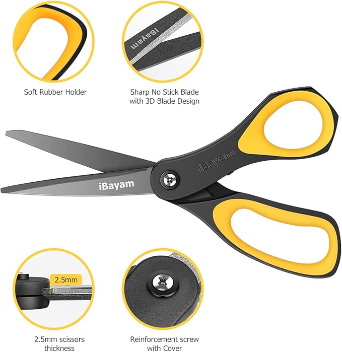 Scissors, iBayam 3 Pack 8" All Purpose Nonstick Scissors, 2.5MM Thickness Titanium Blades with Comfort Grip, Heavy Duty Shears for Office School Home Classroom General Use Art and Craft DIY Supplies