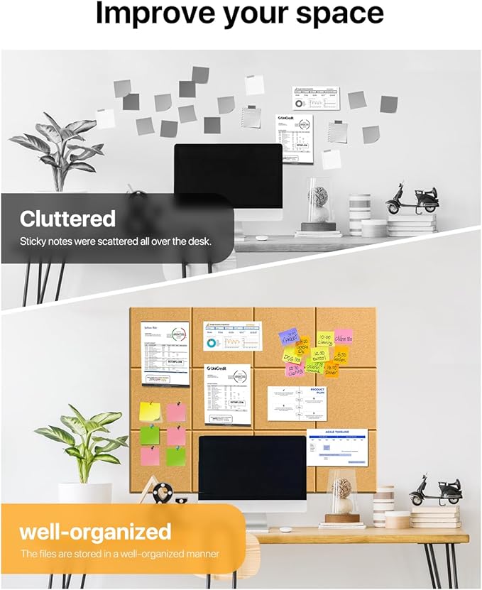 Large Cork Boards for Walls, 47"x35" Bulletin Board, 12-Pack Felt Wall Tiles with 60 Adhesive Tabs, Cork Boards for Office Decor, Felt Board Alternative Pin Board