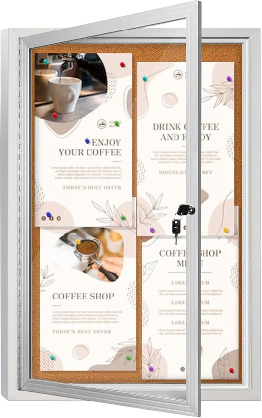 Outdoor Enclosed Bulletin Board Weatherproof 36"x24", Lockable Cork Noticeboard with Tempered Glass Locking Door, Secure Display for Notices, Posters & Memos
