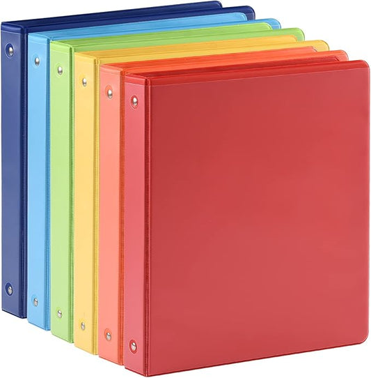 1-inch 3 Ring Binder with 2 Interior Pockets, 1'' Basic Binders Holds US Letter Size 8.5'' x 11'' Paper - Versatile Binders for Office, Home, and School Use, 6 Pack (6-Color Assorted)