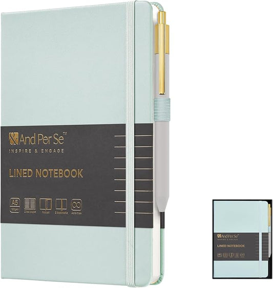 &And Per Se Lined Journal and Pen Set, A5 Hardcover Notebook, 160 Pages 100GSM Thick Paper-Gifts for Men Women, for Work, Business, School or Home Writing (Cyan)