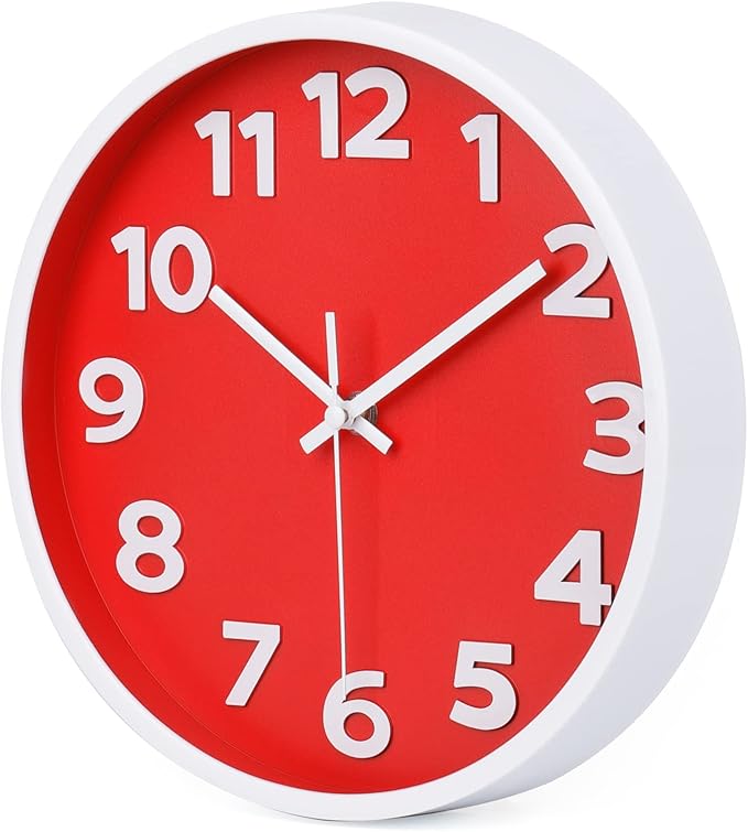 10 Inch Red Wall Clock with 3D Big Numbers, Modern Round Silent Quartz Clock, Easy to Read for Kitchen, for Home, Office, Farmhouse Decor