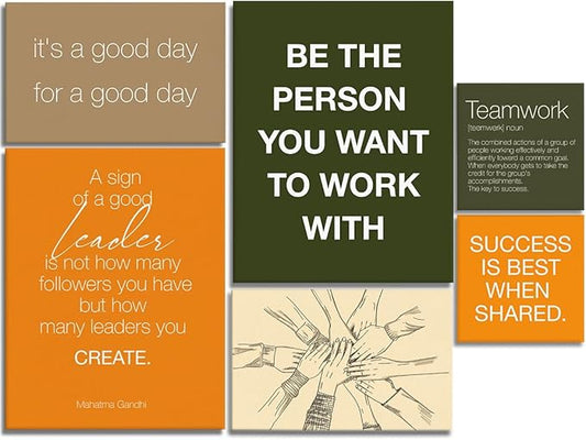 YEOION Army Green Motivational Teamwork Office Wall Decor,Inspirational Team Work Wall Art Canvas Frame Artwork for Office Workplace Breakroom Wall Decor Set of 6