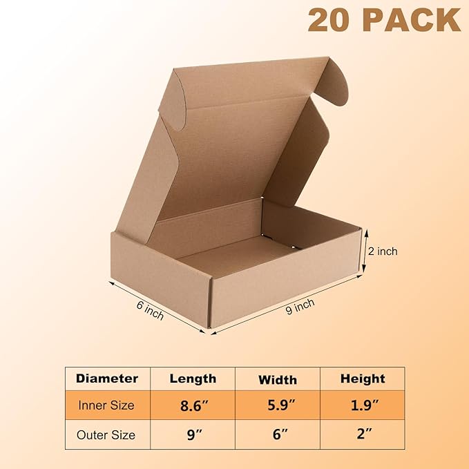 9x6x2 inches Shipping Boxes Set of 20, Brown Corrugated Cardboard Box,Recyclable Literature Mailer Boxes for Small Business Packaging, Mailing, Shipping