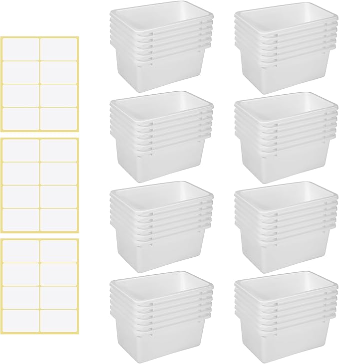 Outus 48 Pcs White Plastic Cubby Bins Bulk for Classroom Organization Small Stackable Book Bins Toy Storage Organizer Tubs Box Container with 120 Self Adhesive Label for Library School Office Home