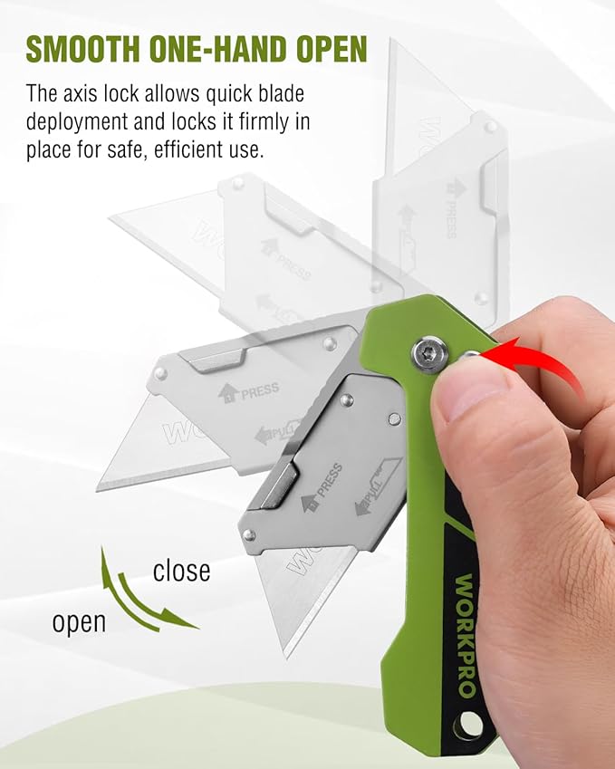WORKPRO Box Cutter, Utility Knife Quick Change Blade Razor Knife, Folding Pocket Knife with Belt Clip and Axis Lock, 10 Extra Blades Included, Green
