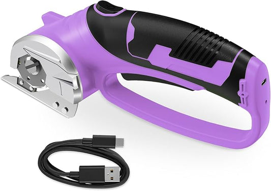Cordless Electric Scissors, 4V Rechargeable Box Cutter & Cardboard Cutter with Titanium Blade, LED Light, Safety Lock - Rotary Cutter for Fabric, Leather, Carpet, Plastic, Crafting, Sewing(Purple)