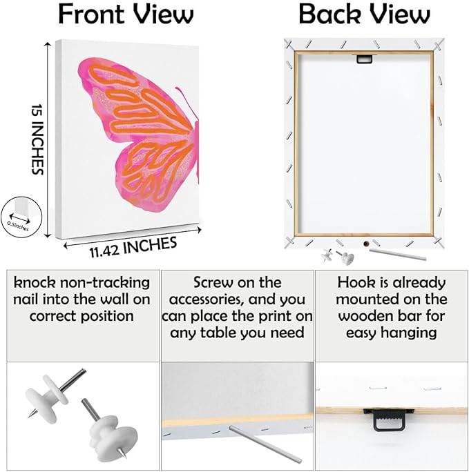 2PCs Pink Orange Butterfly Decorations Aesthetic Canvas Wall Art Butterfly Decor Preppy Framed Art Paintings Wall Decor Preppy Stuff Artwork College Apartment Room Decor Decorations Posters Prints