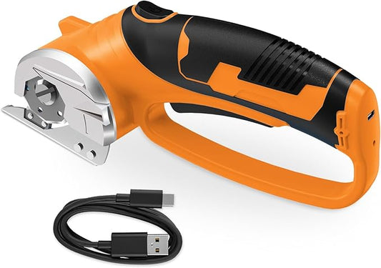 Cordless Electric Scissors, 4V Rechargeable Box Cutter & Cardboard Cutter with Titanium Blade, LED Light, Safety Lock - Rotary Cutter for Fabric, Leather, Carpet, Plastic, Crafting, Sewing(Orange)