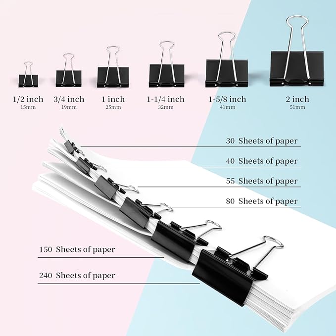 Medium Binder Clips, 36 Pack, 1-1/4 Inch, 1.25 Inch, Standard 32mm, Black, Capacity 0.6 Inch, Fold Clamp, Paper Clips, Office and School Supplies