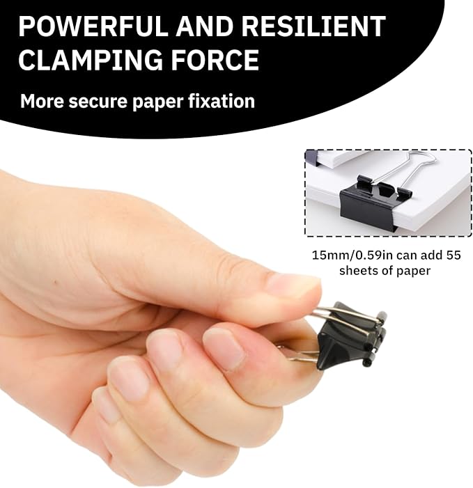 180 Pcs Small Binder Clips Black, 0.59 in/15mm Mini Binder Paper Clips, Paper Clamps for Office Supplies, Home, School,Business Document Organizing