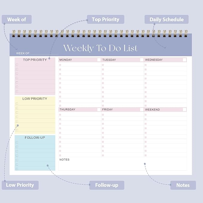 Weekly To Do List Notepad, Undated Planner with 52 Sheets (8.5''x11''), Desk Weekly Planner for Women & Man, Home School & Work (Purple)