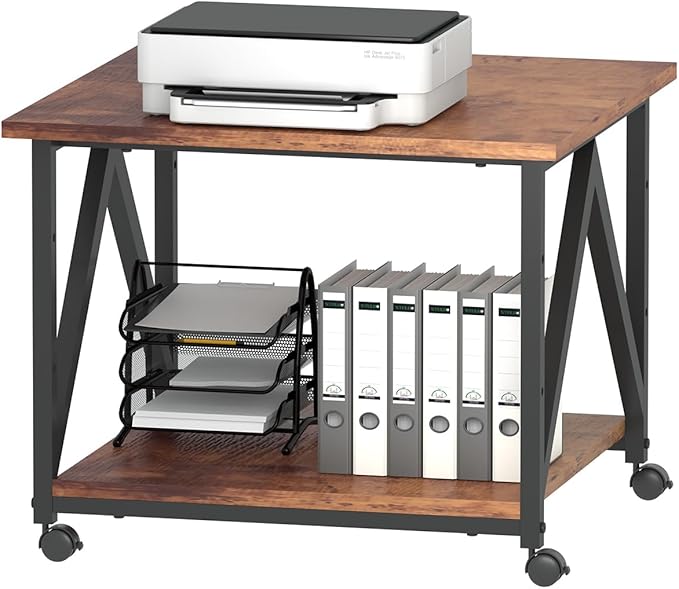 2-Tier Printer Stand, Printer Table with Storage, Industrial Printer Storage Cart with Wheels, Rolling Printer Stand for Heat Press Scanner Fax, Brown