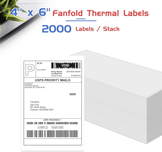 RyhamPaper 4" x 6" Fanfold Direct Thermal Labels - White Shipping Mailing Postage, Perforated, Permanent Adhesive 2000 Per Stack (8 Stacks-16000 Labels)