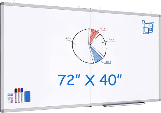 Magnetic White Board Dry Erase Board for Wall，72" x 40" Wall-Mounted Aluminum Frame Marker Board, Foldable Portable Whiteboard with a Long Pen Tray for School, Classroom, Office & Home