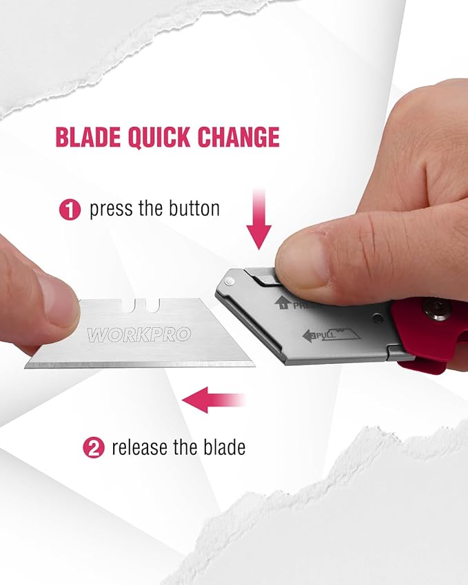 WORKPRO Box Cutter, Utility Knife Quick Change Blade Razor Knife, Folding Pocket Knife with Belt Clip and Axis Lock, 10 Extra Blades Included, Pink