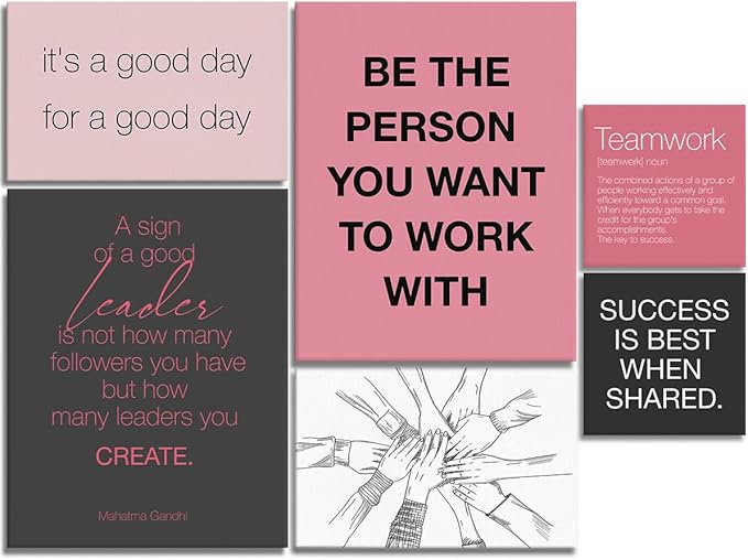 YEOION Inspirational Office Wall Art for Women,Motivational Teamwork Wall Decor for Office,Pink and Black Postive Quote Workplace Canvas Wall Art for Set of 6