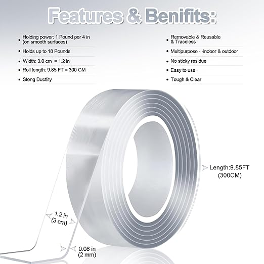 MEMX Nano Double Sided Tape Heavy Duty, 9.85FT Multipurpose Strong Mounting Tape, Reusable Removable Washable Traceless Gel Grip Adhesive for Carpet, Poster Sticky Wall, Home, Office Decor.