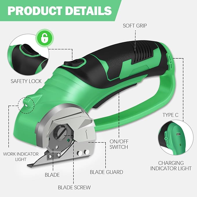 Cordless Electric Scissors, 4V Box Cutter & Cardboard Cutter with 2 Titanium Blades - Rotary Cutter with LED Light for Fabric, Leather, Carpet, Plastic, Crafting + Storage Case (Lime Green)
